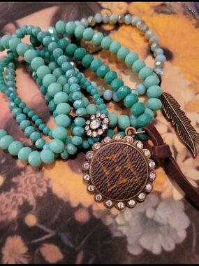 Turquoise Beaded Multi-Strand Bracelet with Crystal and Feather Charm